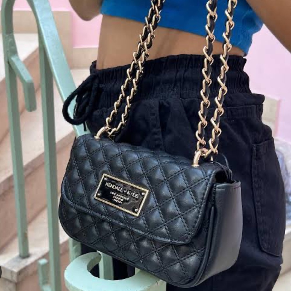 Kendall & Kylie Black Quilted Shoulder Bag with Gold Chain